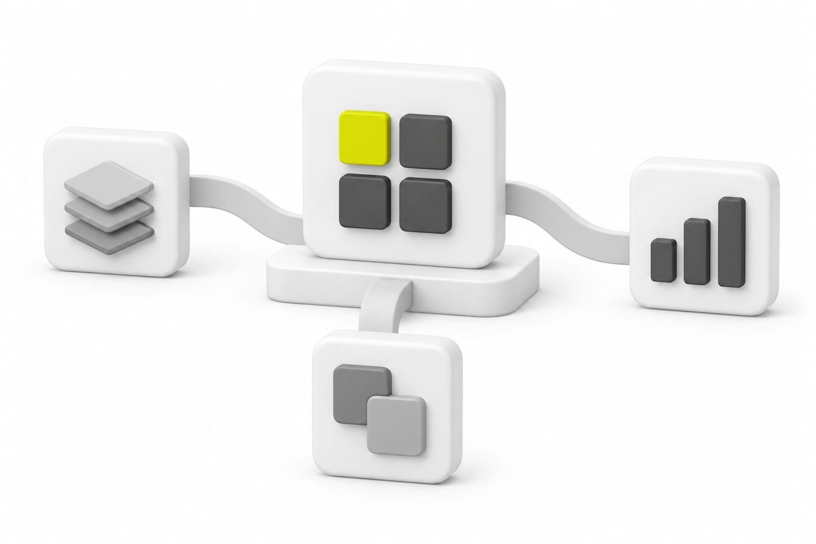 Abstract charcoal forms showing connected business modules sharing one set of numbers